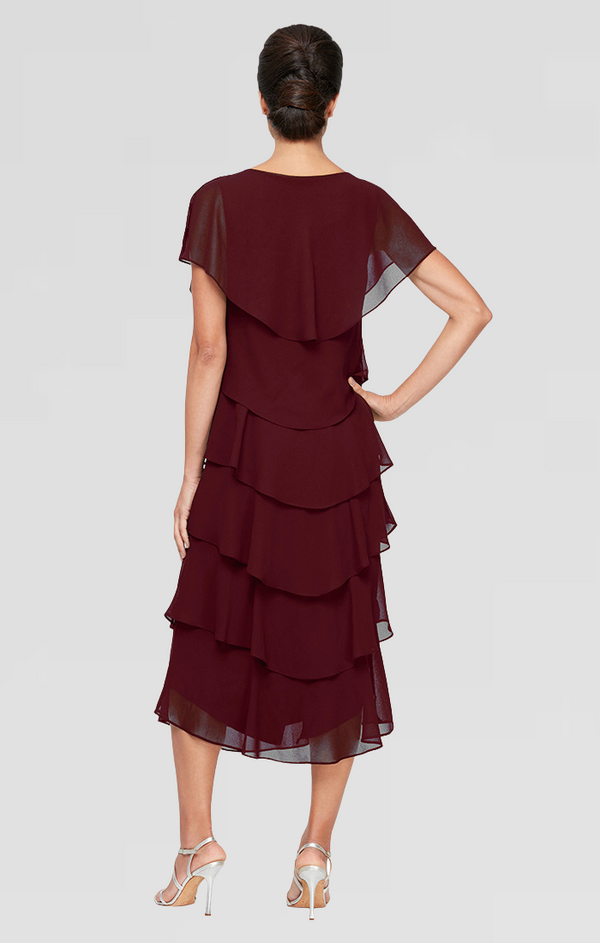 S.L. Fashions Georgette Chiffon Tea-Length Dress With Caplet Sleeves And Beaded Trim On Shoulders