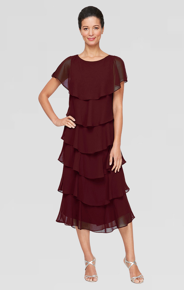 S.L. Fashions Georgette Chiffon Tea-Length Dress with Caplet Sleeves and Beaded Trim on Shoulders S.L. Fashions Georgette Chiffon Tea-Length Dress with Caplet Sleeves and Beaded Trim on Shoulders