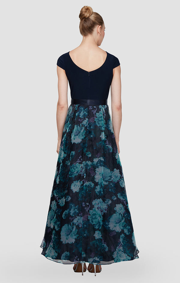 S.L. Fashions Gown With Floral Printed Organza Skirt & Jersey Bodice