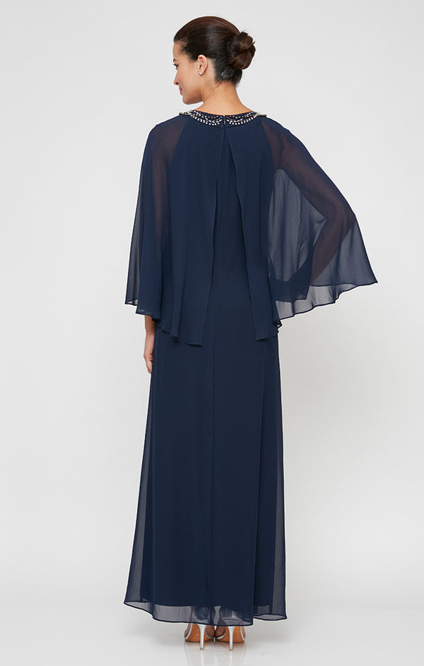 S.L. Fashions Halter Dress With Embellished Neckline And Illusion Capelet Sleeves