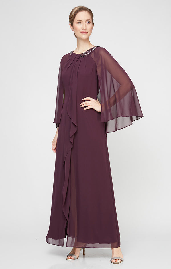 S.L. Fashions Halter Dress With Embellished Neckline And Illusion Capelet Sleeves