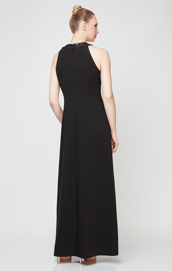 S.L. Fashions Halter Neckline Crepe Gown With Sequin Cascade Ruffle Detail