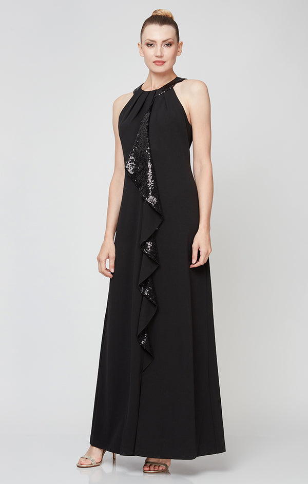 S.L. Fashions Halter Neckline Crepe Gown with Sequin Cascade Ruffle Detail S.L. Fashions Halter Neckline Crepe Gown with Sequin Cascade Ruffle Detail