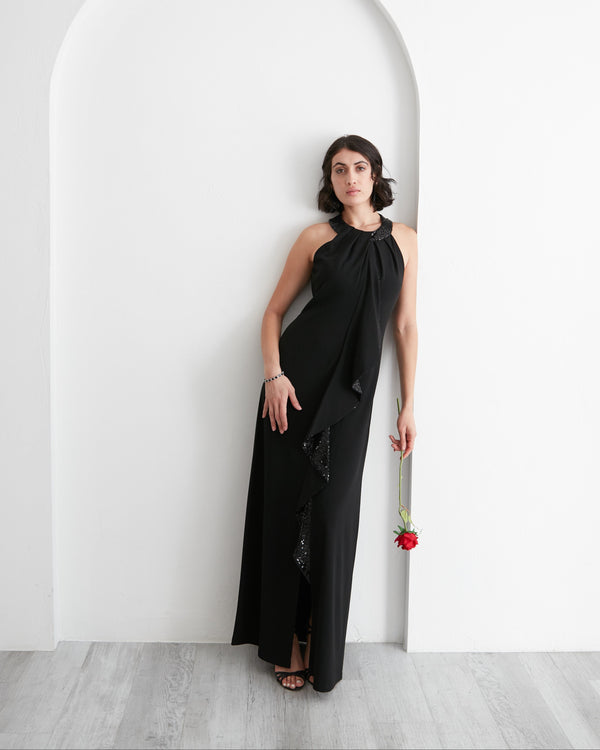 S.L. Fashions Halter Neckline Crepe Gown With Sequin Cascade Ruffle Detail