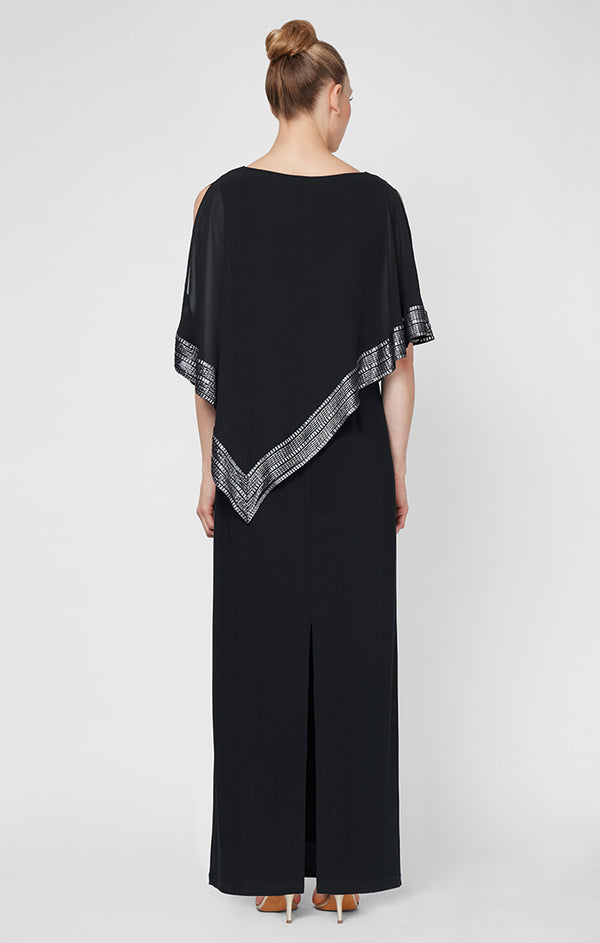 S.L. Fashions Jersey Column Dress With Asymmetrical Chiffon Cape Overlay With Metallic Trim