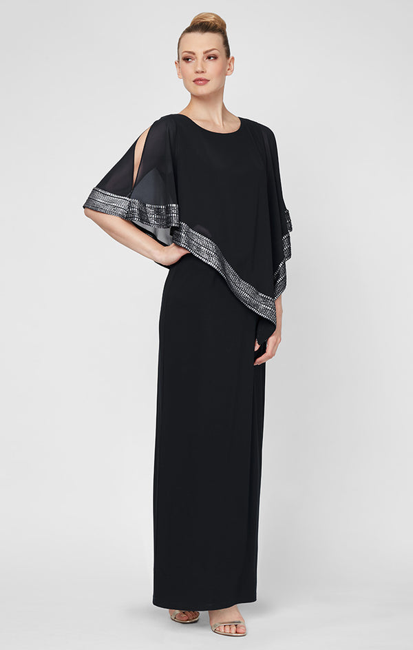 S.L. Fashions Jersey Column Dress With Asymmetrical Chiffon Cape Overlay With Metallic Trim