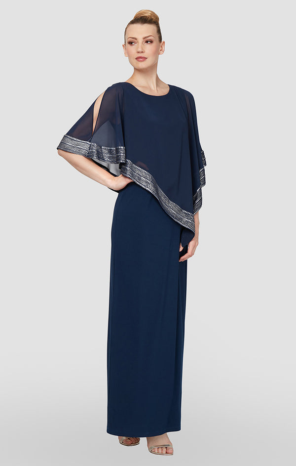 S.L. Fashions Jersey Column Dress with Asymmetrical Chiffon Cape Overlay with Metallic Trim