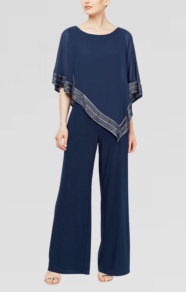 S.L. Fashions Jersey Jumpsuit With Asymmetrical Chiffon Cape With Foil Trim