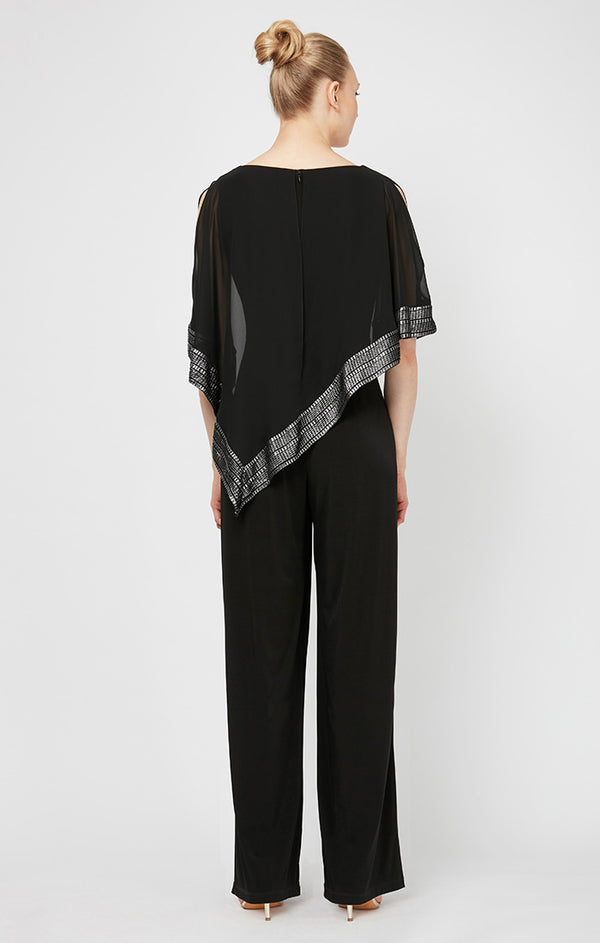 S.L. Fashions Jersey Jumpsuit With Asymmetrical Chiffon Cape With Foil Trim