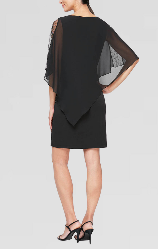 S.L. Fashions Jersey Sheath Dress With Asymmetric Chiffon Capelet With Embellished Illusion Panel