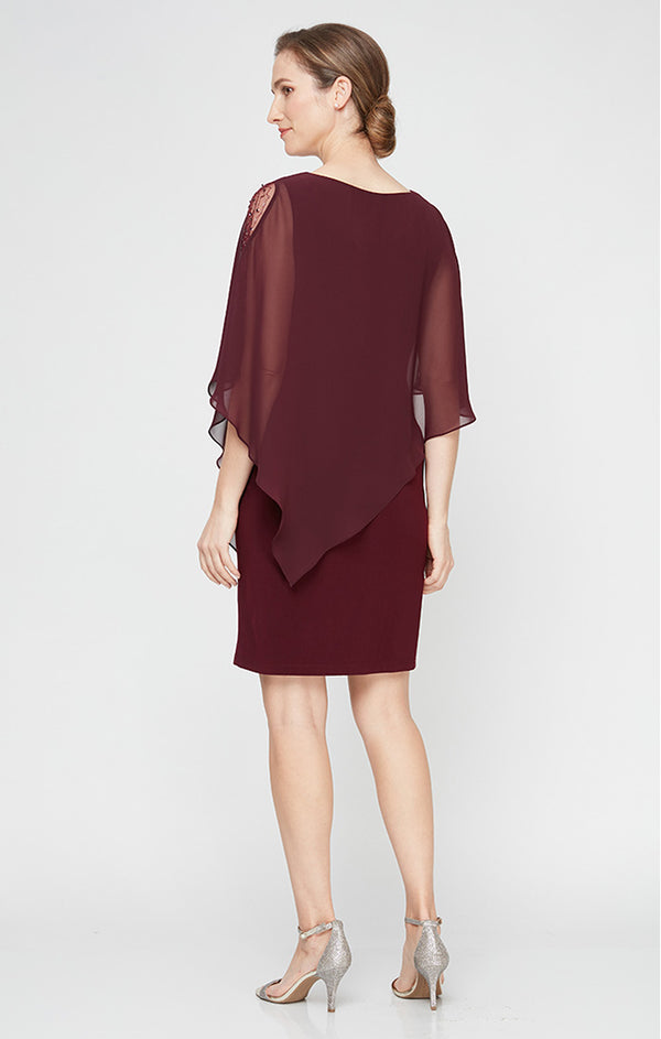 S.L. Fashions Jersey Sheath Dress With Asymmetric Chiffon Capelet With Embellished Illusion Panel
