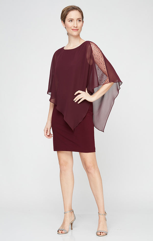 S.L. Fashions Jersey Sheath Dress With Asymmetric Chiffon Capelet With Embellished Illusion Panel