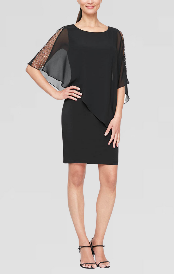 S.L. Fashions Jersey Sheath Dress with Asymmetric Chiffon Capelet with Embellished Illusion Panel