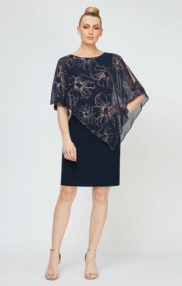 S.L. Fashions Jersey Sheath Dress With Floral Chiffon Overlay With Beaded Trim