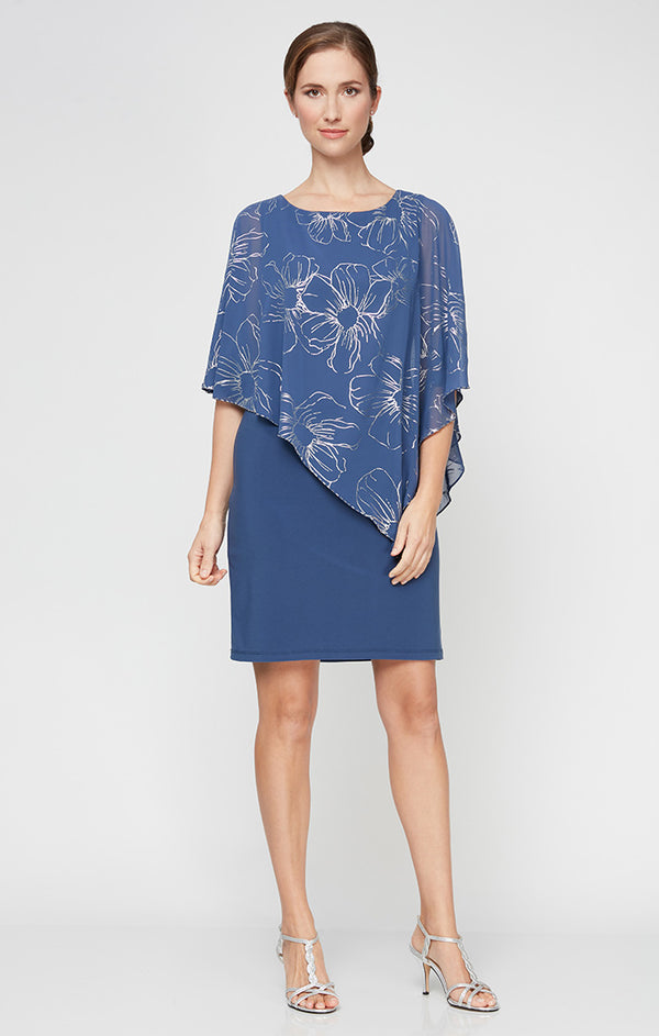 S.L. Fashions Jersey Sheath Dress with Floral Chiffon Overlay with Beaded Trim