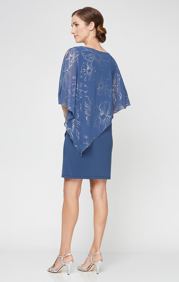 S.L. Fashions Jersey Sheath Dress With Floral Chiffon Overlay With Beaded Trim