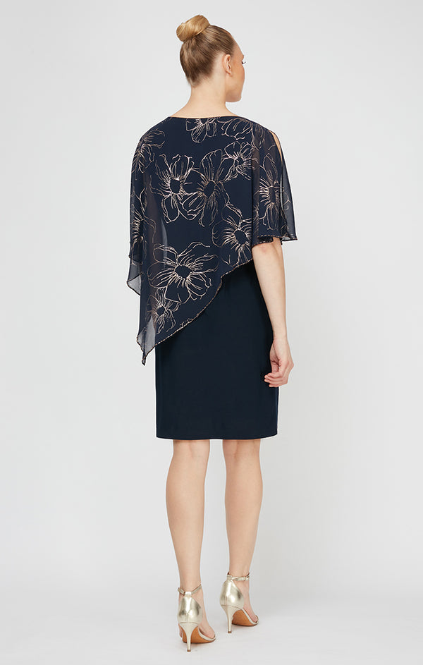 S.L. Fashions Jersey Sheath Dress With Floral Chiffon Overlay With Beaded Trim