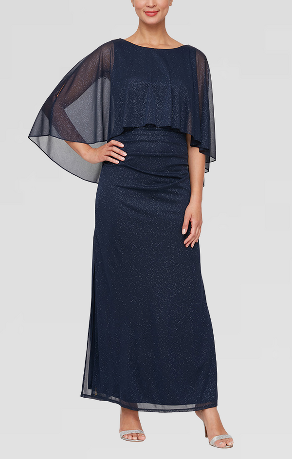 S.L. Fashions Long Column Dress With Cold Shoulder Popover And Embellishment Detail At Shoulders
