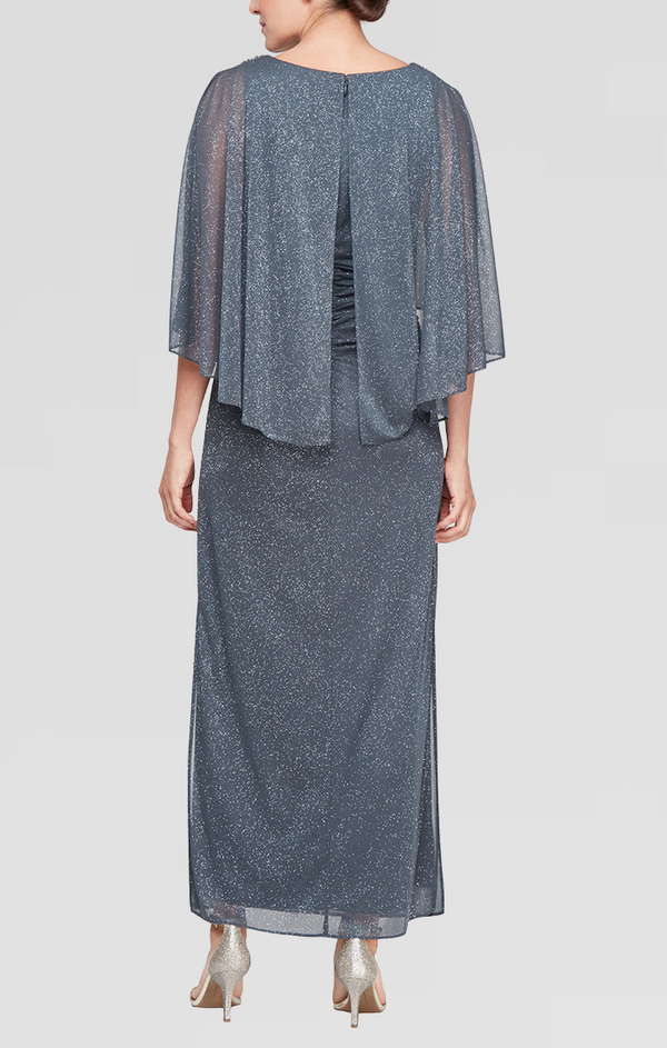 S.L. Fashions Long Column Dress With Cold Shoulder Popover And Embellishment Detail At Shoulders