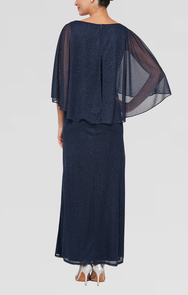 S.L. Fashions Long Column Dress With Cold Shoulder Popover And Embellishment Detail At Shoulders