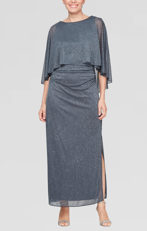 S.L. Fashions Long Column Dress With Cold Shoulder Popover and Embellishment Detail at Shoulders