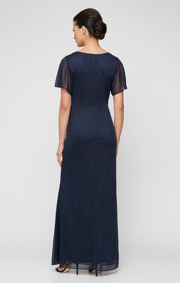 S.L. Fashions Long Fit And Flare Dress With Illusion Flutter Sleeves Embellishment Detail At Shoulders And Front Slit