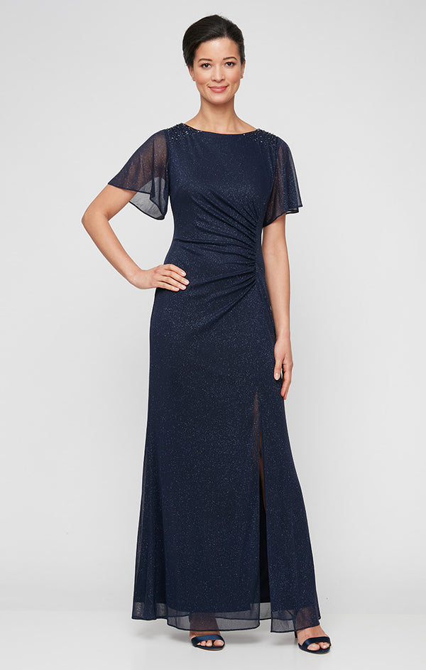 S.L. Fashions Long Fit and Flare Dress With Illusion Flutter Sleeves Embellishment Detail at Shoulders and Front Slit