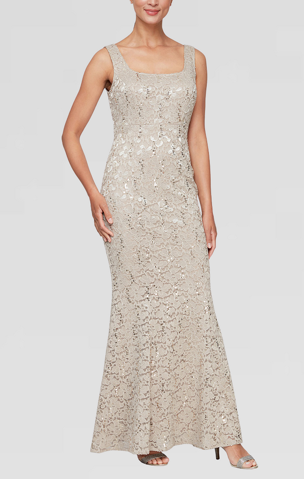 S.L. Fashions Long Fit And Flare Sequin Lace Dress With Scoop Neckline And Scallop Detail Open Jacket