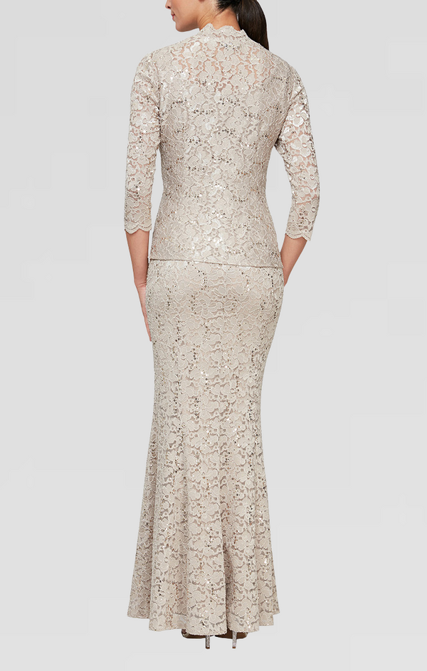 S.L. Fashions Long Fit And Flare Sequin Lace Dress With Scoop Neckline And Scallop Detail Open Jacket