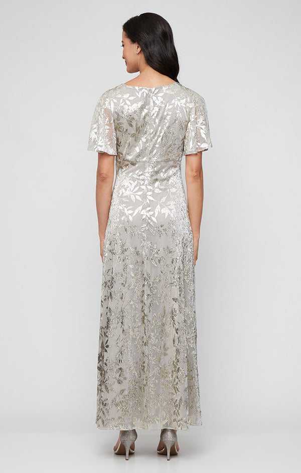 S.L. Fashions Long Foil Bodre Ddress With Empire Waist And Flutter Sleeves