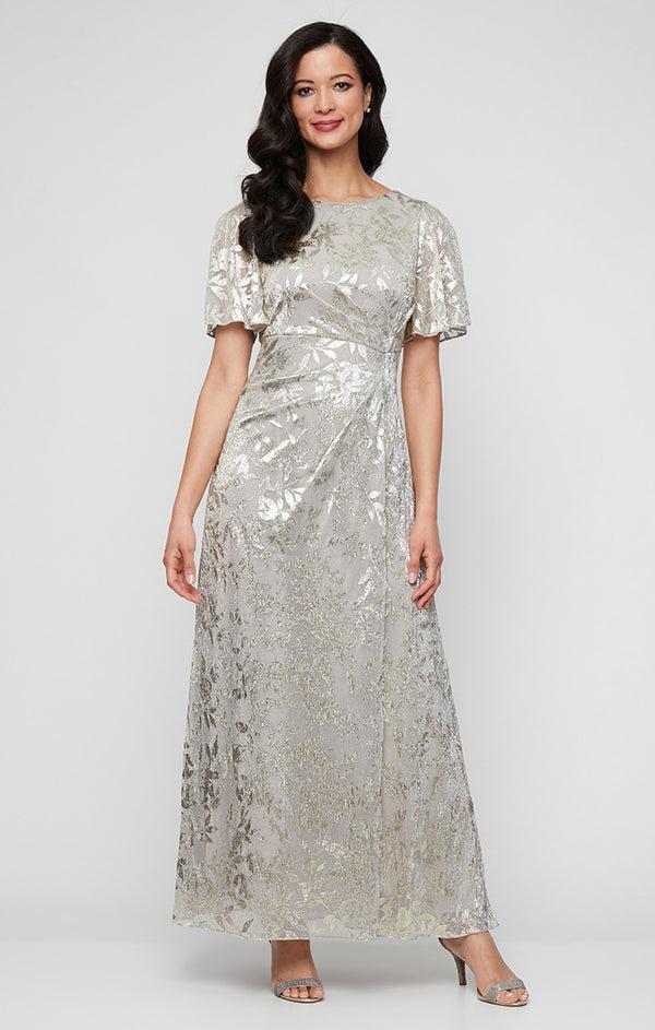 S.L. Fashions Long Foil Bodre Ddress with Empire Waist and Flutter Sleeves