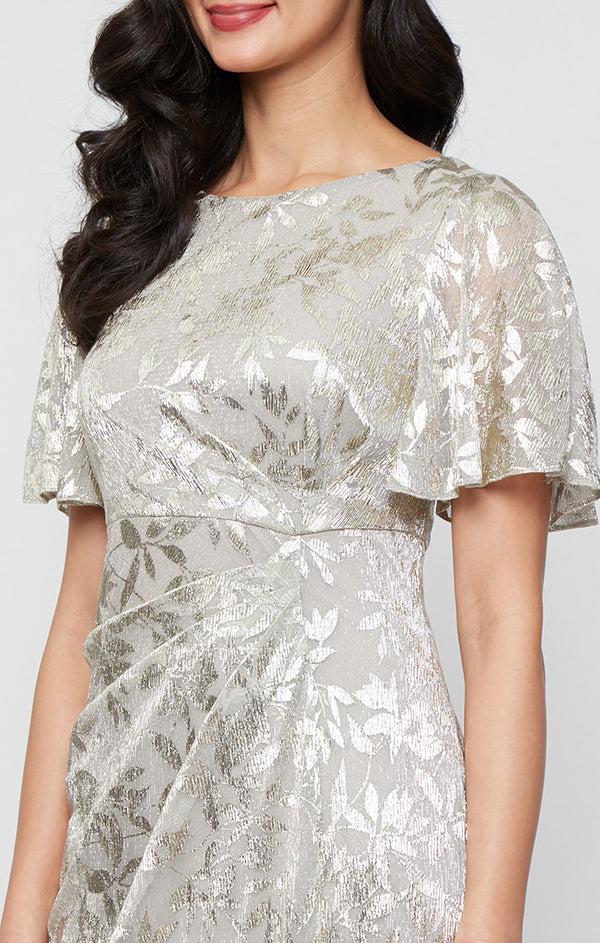 S.L. Fashions Long Foil Bodre Ddress With Empire Waist And Flutter Sleeves