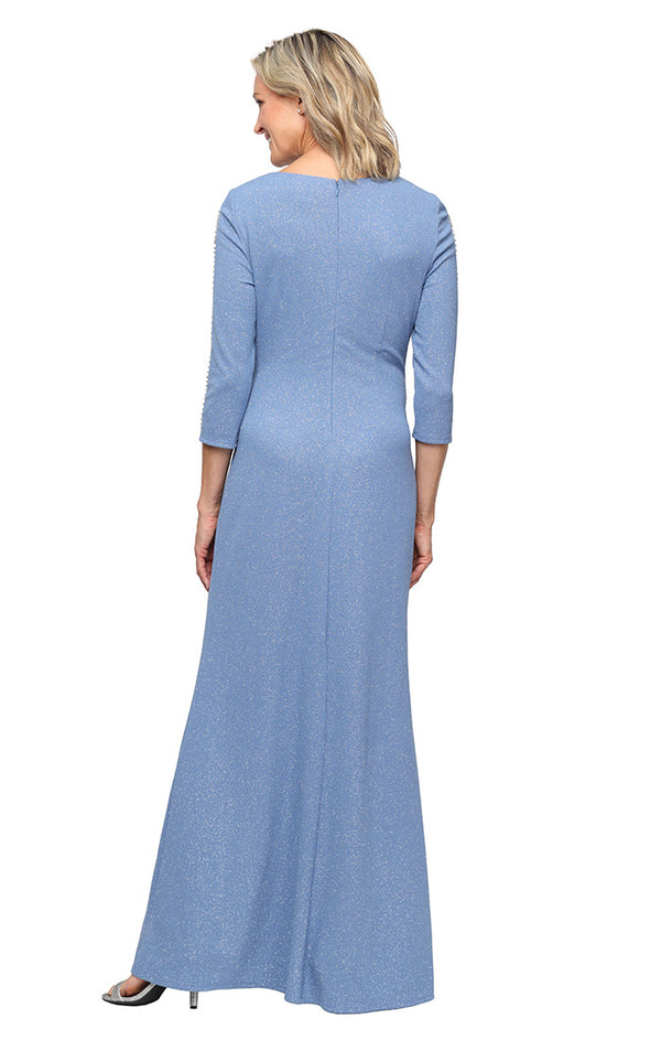 S.L. Fashions Long Glitter Knit Dress With Ruched Waist And Embellished Illusion Inset Sleeves