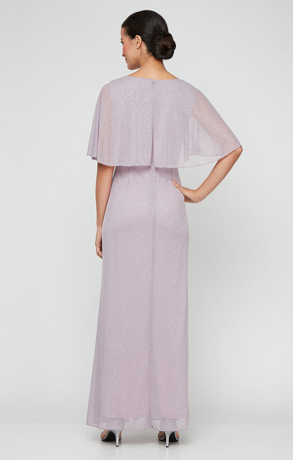 S.L. Fashions Long Glitter Mesh Dress With Embellished Elbow Sleeves And Cascade Overlay Skirt