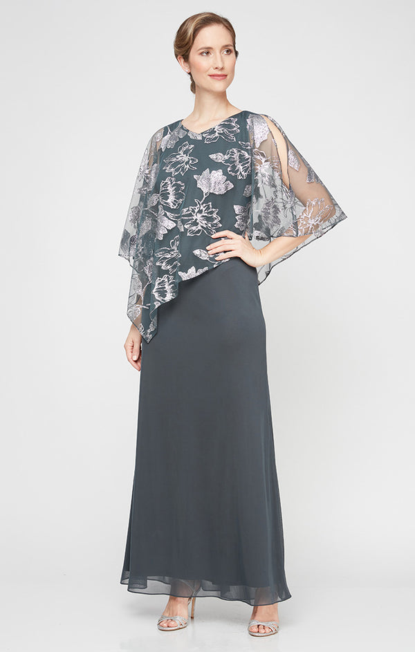 S.L. Fashions Long Glitter Mesh Dress with Novelty Asymmetric Overlay Bodice