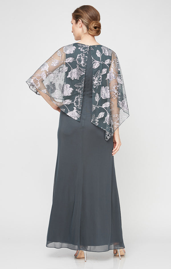 S.L. Fashions Long Glitter Mesh Dress With Novelty Asymmetric Overlay Bodice