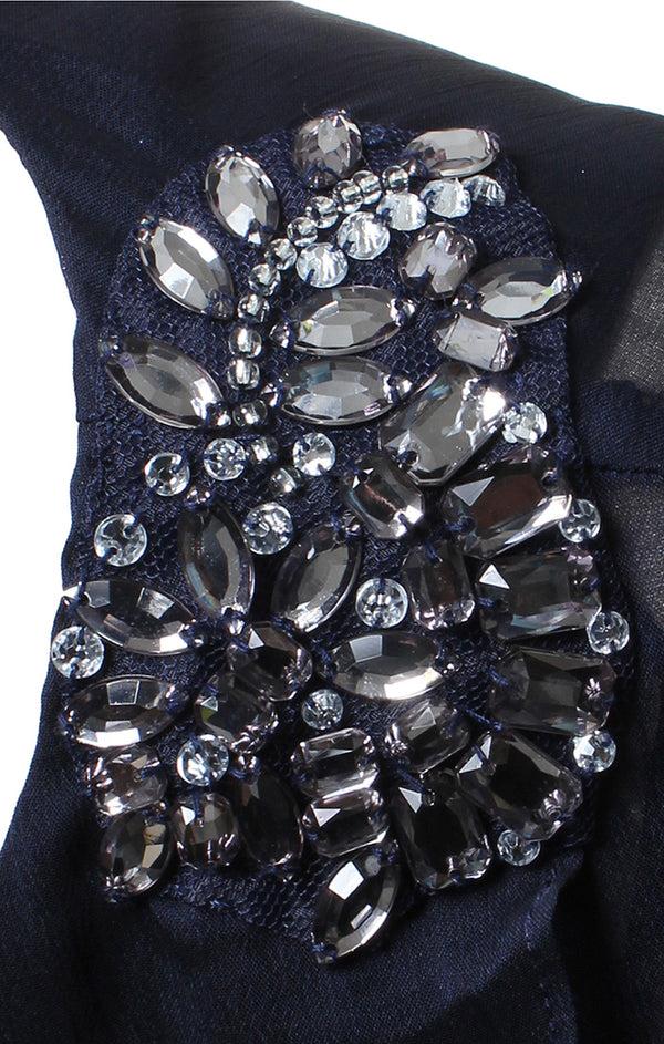 S.L. Fashions Long Glitter Mesh Dress With Tulip Ovleray Bodice And Embellishment At Shoulder