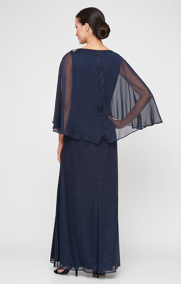 S.L. Fashions Long Glitter Mesh Dress With Tulip Ovleray Bodice And Embellishment At Shoulder