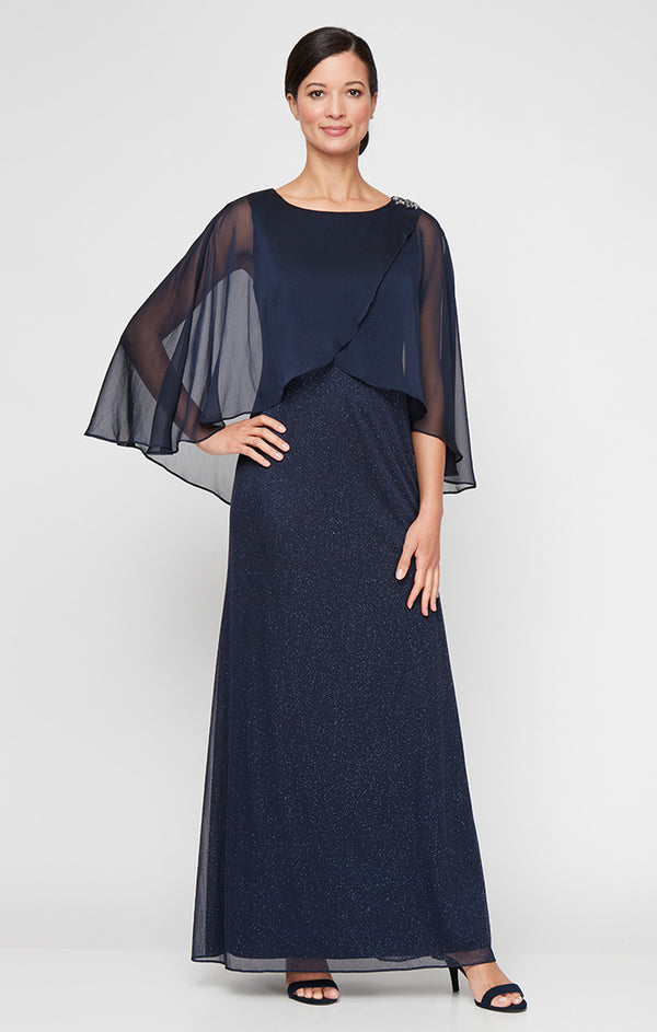 S.L. Fashions Long Glitter Mesh Dress with Tulip Ovleray Bodice and Embellishment at Shoulder