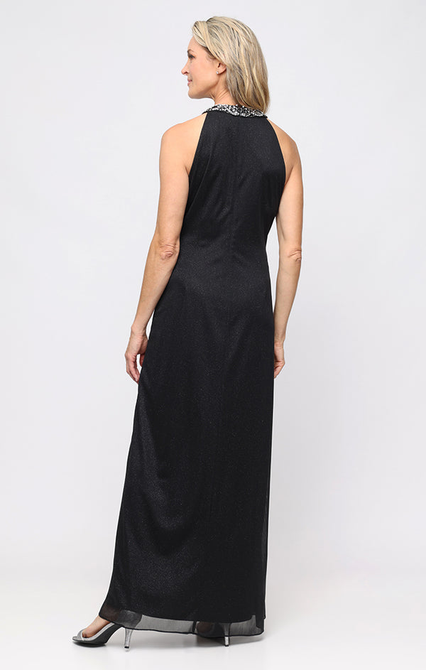 S.L. Fashions Long Glitter Mesh Halter Neck Dress With Beaded Neckline And Font Cascade Detail