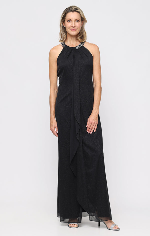 S.L. Fashions Long Glitter Mesh Halter Neck Dress with Beaded Neckline and Font Cascade Detail