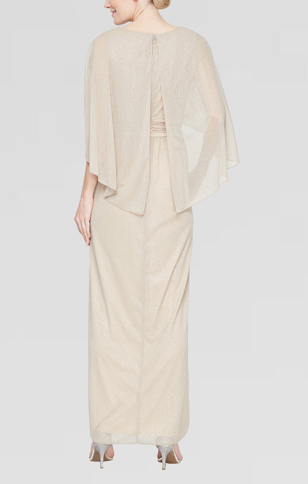 S.L. Fashions Long Glitter Mesh Ruched Waist Dress With Capelet Sleeves And Embellishment At Neckline