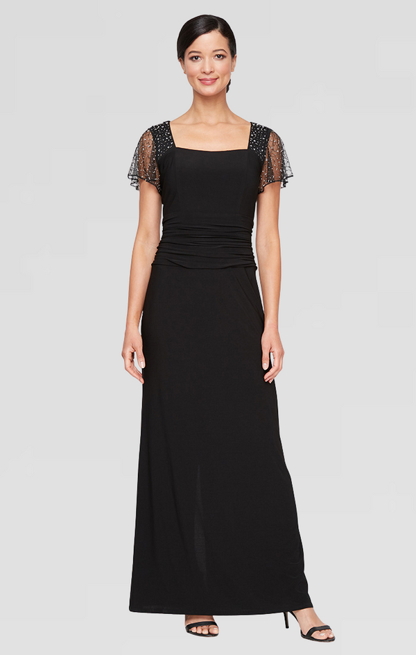 S.L. Fashions Long Matte Jersey Dress with Short Beaded Illusion Sleeves Square Neckline and Ruched Waist Detail