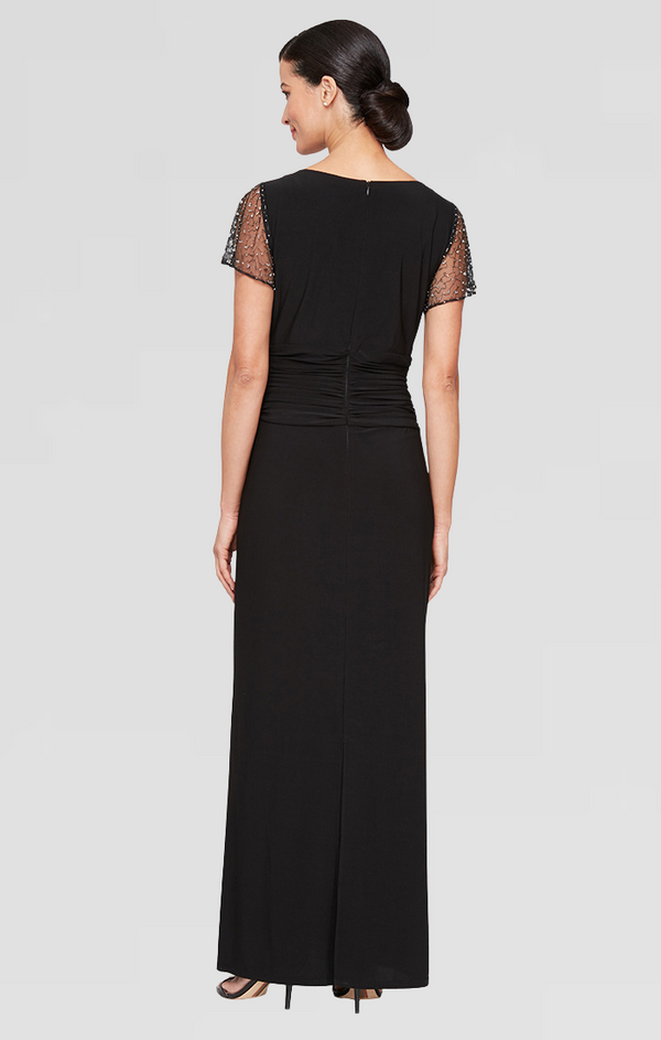 S.L. Fashions Long Matte Jersey Dress With Short Beaded Illusion Sleeves Square Neckline And Ruched Waist Detail