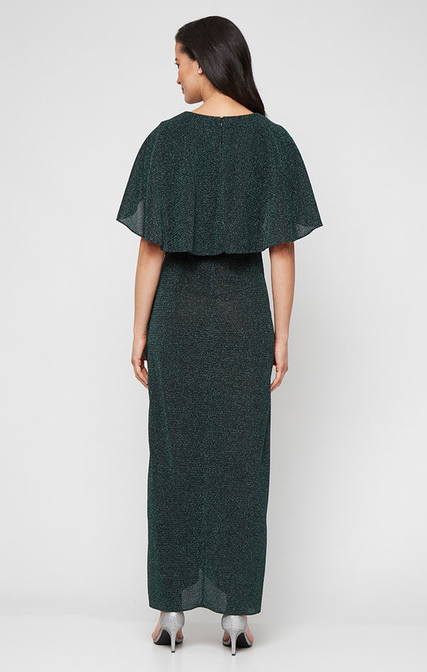 S.L. Fashions Long Metallic Knit Dress With Surplice Neckline Ruched Waist And Capelet Sleeves