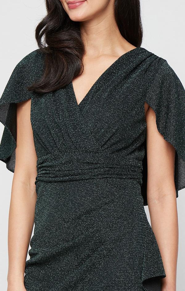 S.L. Fashions Long Metallic Knit Dress With Surplice Neckline Ruched Waist And Capelet Sleeves