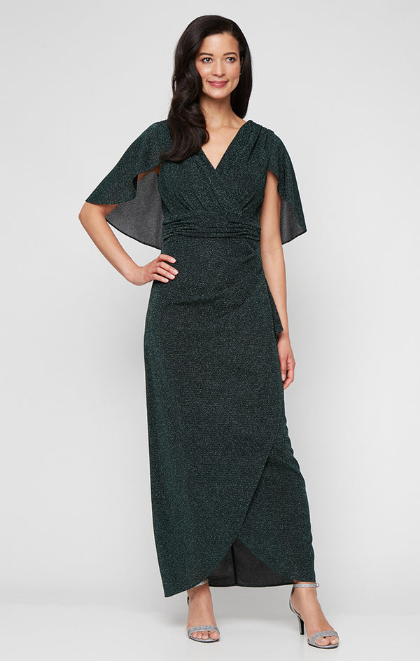 S.L. Fashions Long Metallic Knit Dress with Surplice Neckline Ruched Waist and Capelet Sleeves