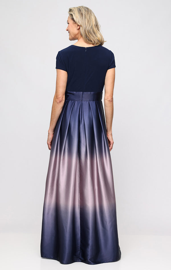 S.L. Fashions Long Ombre Satin Ballgown With Matte Jersey V-Neck Bodice Cap Sleeves And Tie Waist