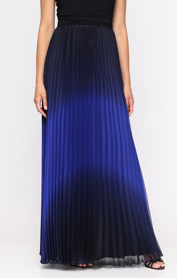 S.L. Fashions Long Pleated Ombre Chiffon Dress With Matte Jersey Halter Neck Bodice