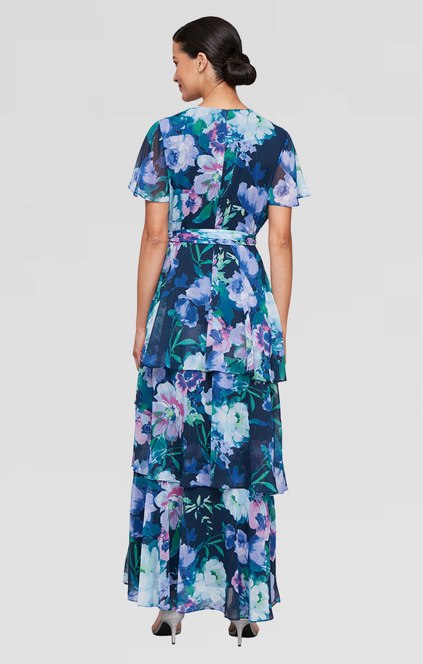 S.L. Fashions Long Printed Chiffon Maxi With Flutter Sleeves And Tiered Detail Skirt